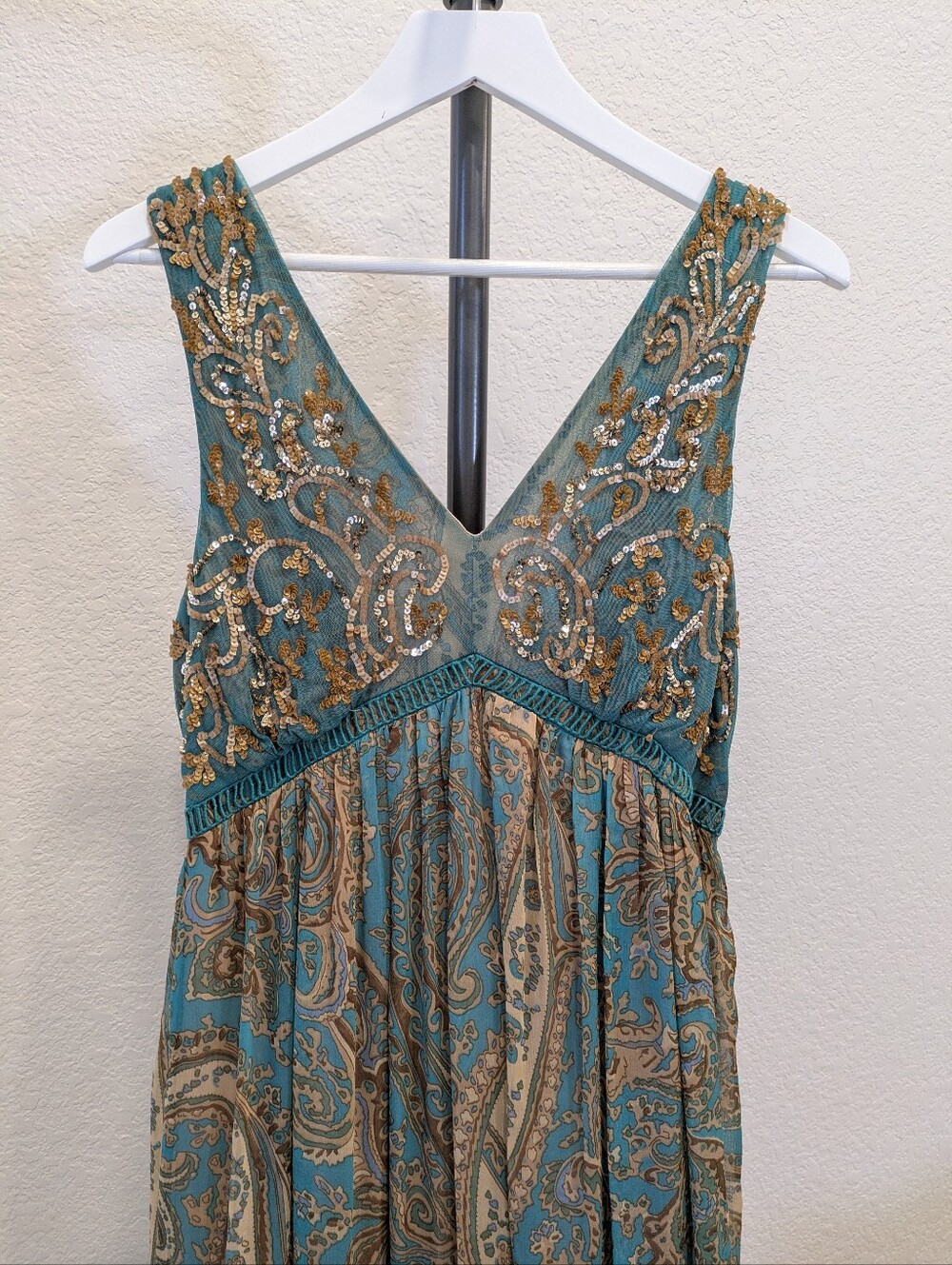 Anthropologie Teal Paisley Maxi Dress with Gold Accents - Picture 3 of 14